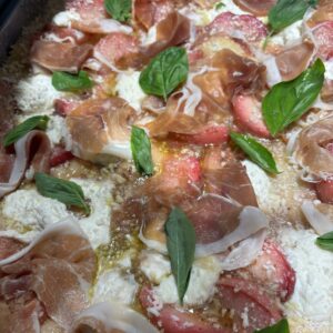 Lasagne pêche, jambon de Parme et mozzarella di Buffala